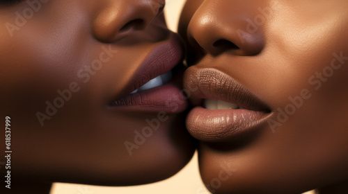 Close up of the lips of two black woman touching one another