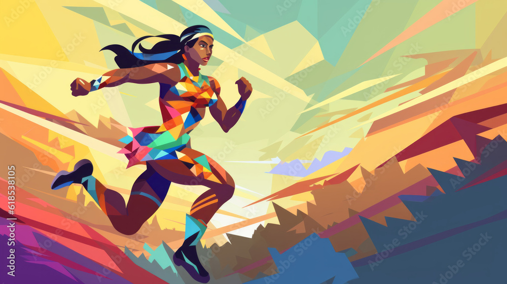 Illustration of an ethnic sportive woman running on colorful background