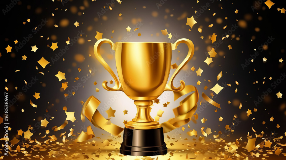 Winner banner illustration , Gold realistic trophy cup with confetti background. Winner banner illustration , Gold realistic trophy cup with confetti background.