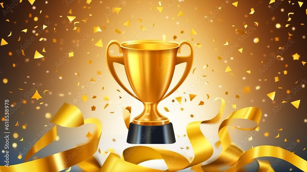 Winner banner illustration , Gold realistic trophy cup with confetti background. Winner banner illustration , Gold realistic trophy cup with confetti background.