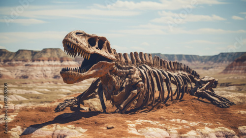 Giant skeleton of a dinosaur in the desert landscape © Keitma