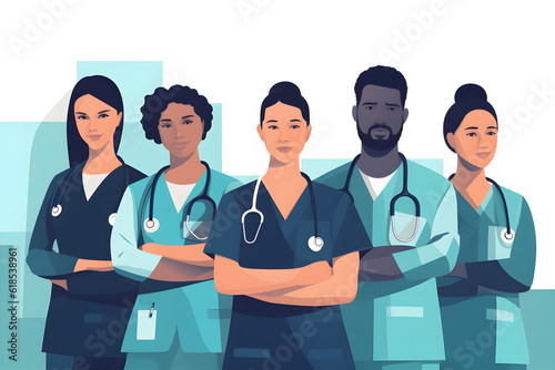 Flat vector illustration portrait nurses and doctors at hospital proud empowered and excited about medical collaboration face healthcare and health expert team united for innovation teamwork and suppo