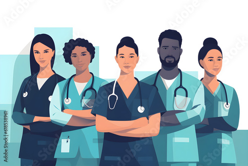 Flat vector illustration portrait nurses and doctors at hospital proud empowered and excited about medical collaboration face healthcare and health expert team united for innovation teamwork and suppo photo