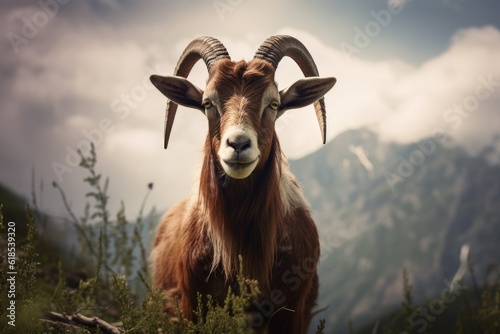 goat standing mountain scenery on background