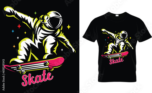 Astronaut skateboarding t-shirt design.Colorful and fashionable t-shirt design for men and women.