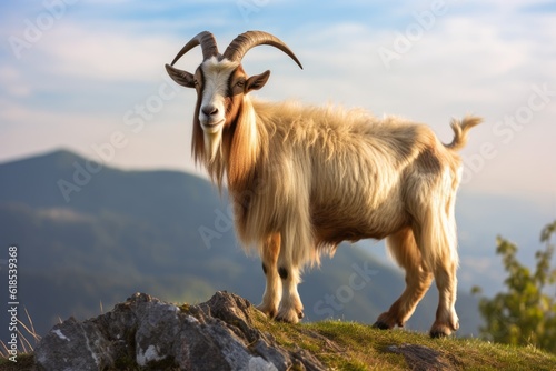 goat standing mountain scenery on background