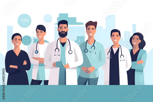 Flat vector illustration portrait nurses and doctors at hospital proud empowered and excited about medical collaboration face healthcare and health expert team united for innovation teamwork and suppo