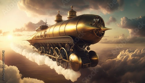 Victorian Era Steampunk Jet Speed Flyer Soaring Above the Clouds 