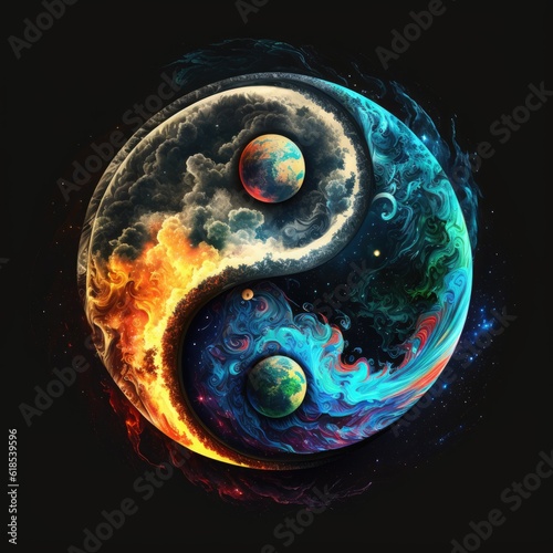 Balance of the Cosmos: A Yin-Yang Tattoo Illustration on a Black Background 