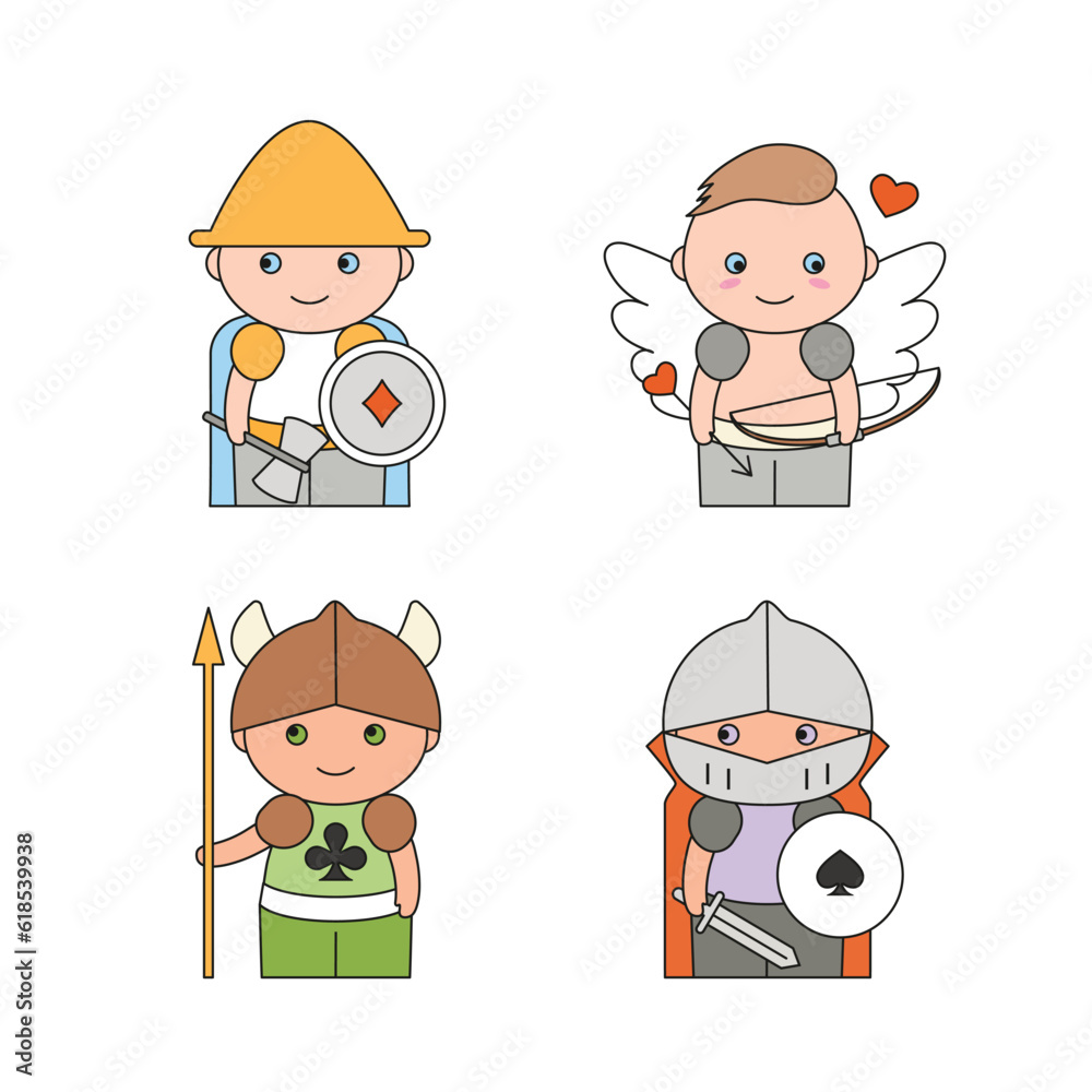 Funny warriors in costumes of playing card suits. Cartoon style. Diamonds, hearts, Clubs, Spades Funny warriors in costumes of playing card suits. Cartoon style. Diamonds, hearts, Clubs, Spades