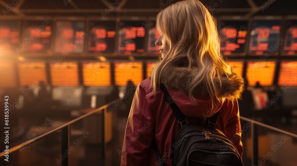 Back view of woman standing in airport area looking at timetable schedule to check her flight departure gat Back view of woman standing in airport area looking at timetable schedule to check her flight departure gat