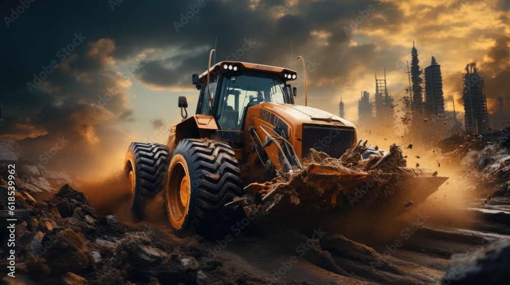 Wheel loader Excavator, A bulldozer or loader moves the earth at the construction site. Wheel loader Excavator, A bulldozer or loader moves the earth at the construction site.