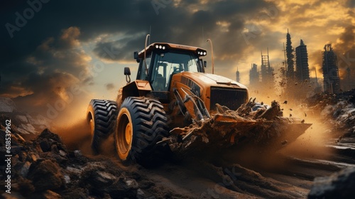 Wheel loader Excavator, A bulldozer or loader moves the earth at the construction site.