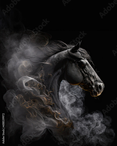 Generated photorealistic image of a black horse in smoke on a black background