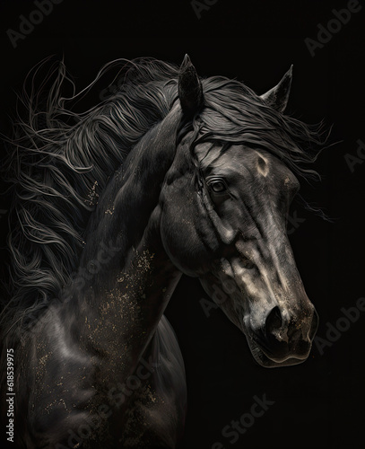 Generated photorealistic portrait of a black thoroughbred horse with flowing mane