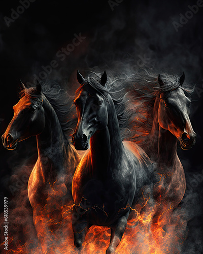Generated photorealistic image of three black running horses in the reflections of fire