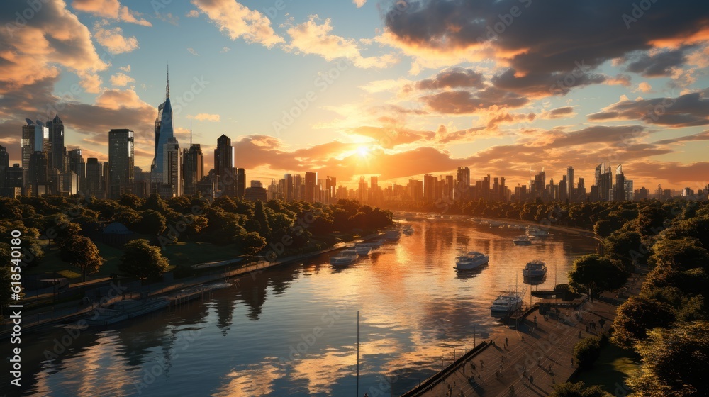 Obraz premium Urban landscape featuring an array of tall modern buildings near the lake at sunset.