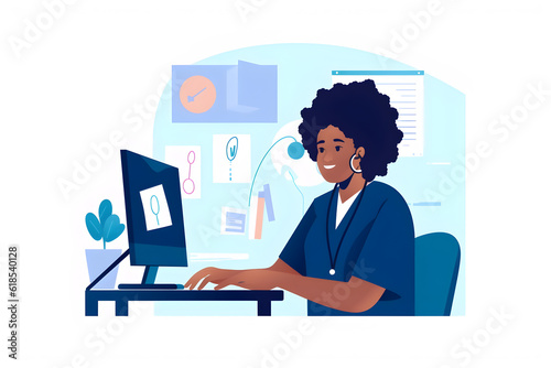 Flat vector illustration portrait nurse and receptionist at hospital on a computer working at her desk or table in an office as a black woman medical healthcare professional or worker smile happy and 