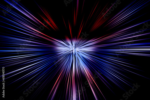 Abstract radial zoom blur surface of in blue, lilac and red tones on a black background. Spectacular background with radial, radiating, converging lines.