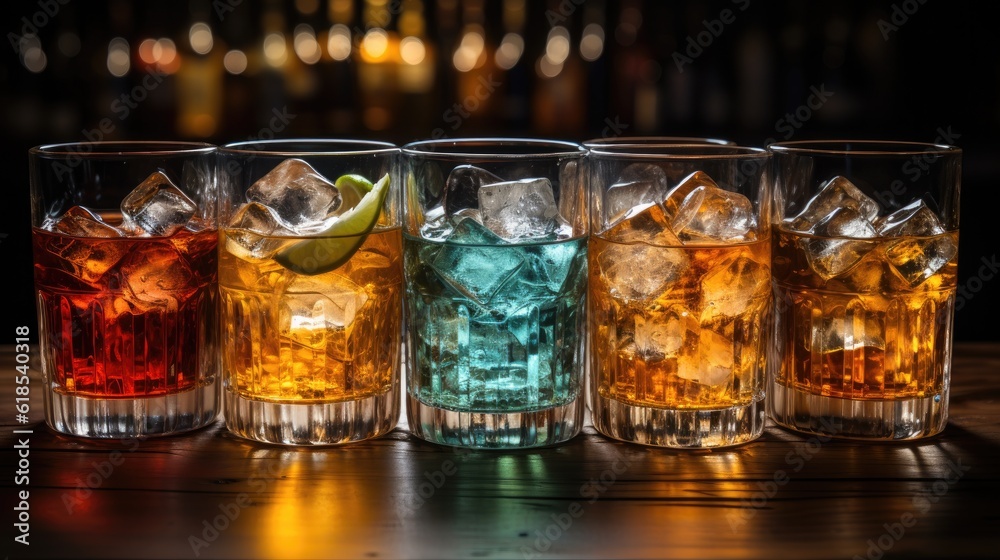 Assortment of strong alcohol drinks. Cognac, scotch, whiskey, tequila, vodka, Alcoholic drinks and spirits in glasses on the bar counter.