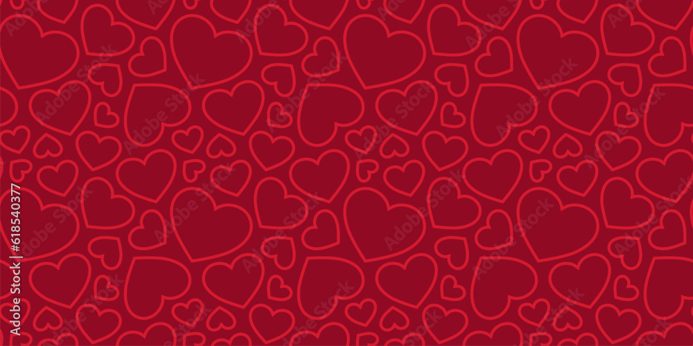 Red hearts seamless pattern. Valentines day background. Love romantic theme. Vector abstract texture with small outline red hearts. Cute minimal design for wrap, fabric, cloth, print, wedding decor