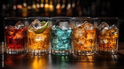 Assortment of strong alcohol drinks. Cognac, scotch, whiskey, tequila, vodka, Alcoholic drinks and spirits in glasses on the bar counter.