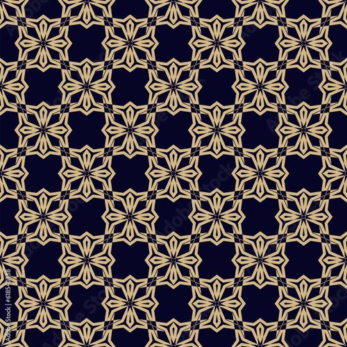 Vector abstract ornamental seamless pattern. Elegant golden texture in gothic style. Black and gold floral background with flower shapes, crosses, repeat tiles. Design for decor, textile, wallpaper