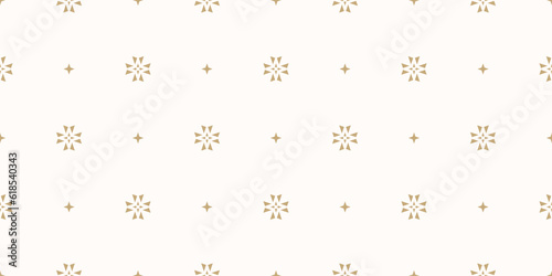 Vector golden minimalist floral background. Simple geometric seamless pattern with tiny flower silhouettes, small stars, diamonds. Subtle gold and white abstract texture. Geo design for decor, print