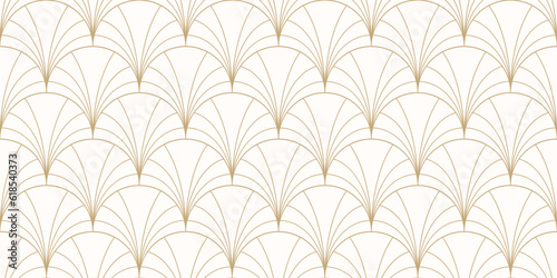 Luxury art deco seamless pattern. Golden vector geometric linear texture with curved lines, fish scale ornament, peacock pattern, grid. Elegant gold and white abstract background. Repeat geo design photo
