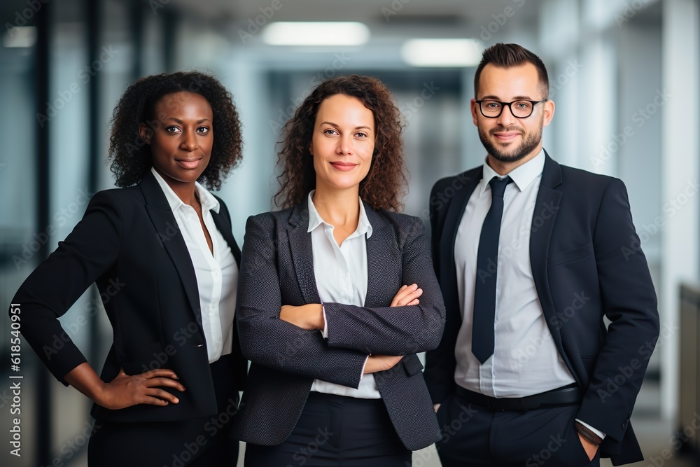 multiracial team of successful business people working together in office and posing and looking at camera, generative AI multiracial team of successful business people working together in office and posing and looking at camera, generative AI