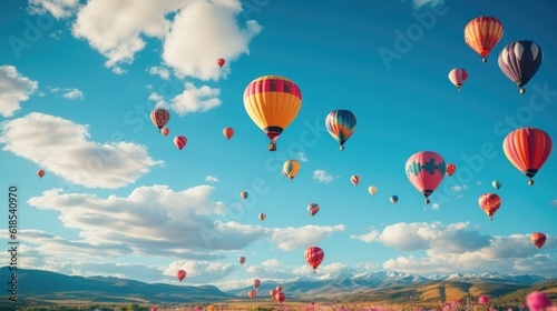 Colorful hot air balloons flying in the blue sky at the festival.