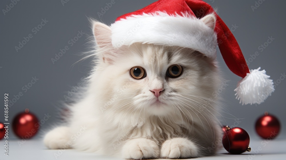 Cute white cat sitting in a red Santa hat, Cat with Santa hat waiting for Christmas while sitting on a light background, Happy New Year. Cute white cat sitting in a red Santa hat, Cat with Santa hat waiting for Christmas while sitting on a light background, Happy New Year.