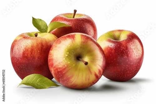 Red apples with leaves isolated on white background. Clipping path included