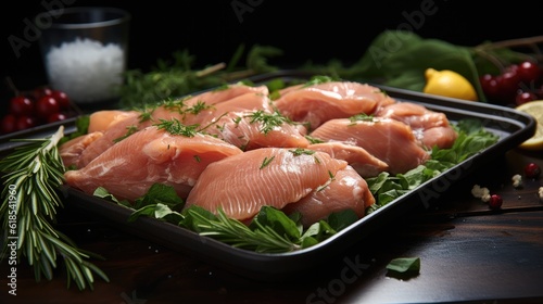 Front view fresh raw chicken, Raw chicken fillet on cutting board, Cooking dish salad food dinner.