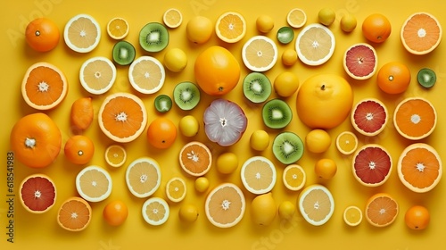 Yellow background with oranges and carrots placed in specific order  in the style of patterns  grocery art  generative AI