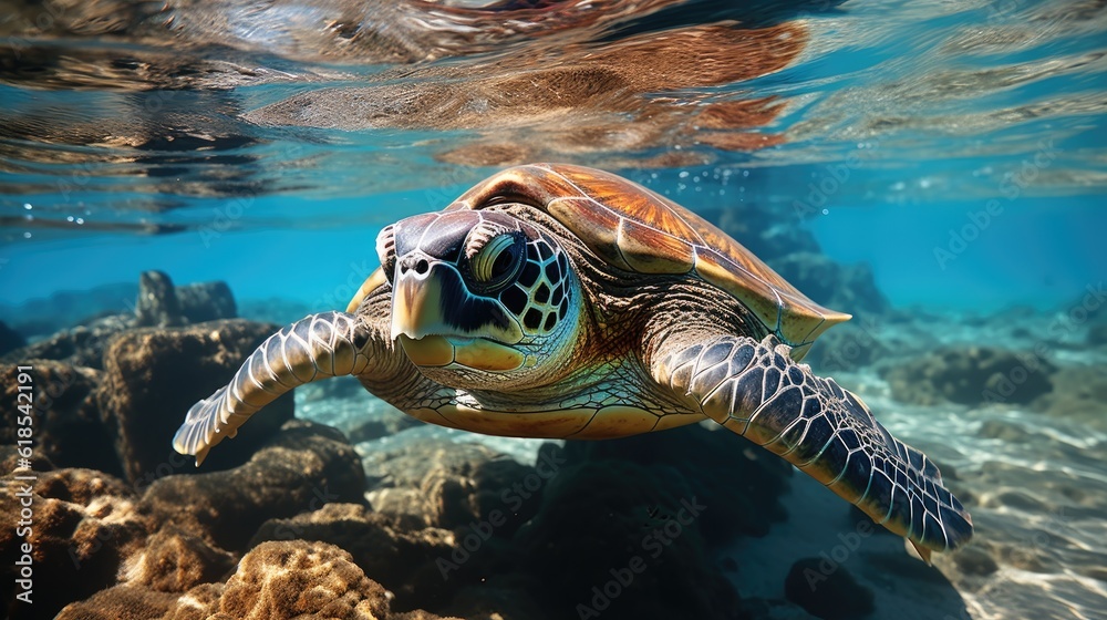 Fototapeta premium Hawaiian Green Sea Turtle swimming underwater.