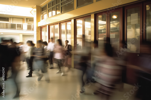 Blurred shot of high school students walking up the stairs between classes in a busy school building, AI