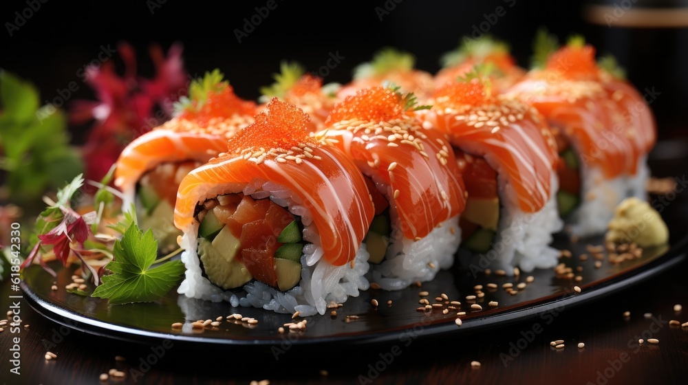 Japanese Sushi roll with salmon and cucumber on dark background, Asian dish pieces with salmon. Japanese Sushi roll with salmon and cucumber on dark background, Asian dish pieces with salmon.