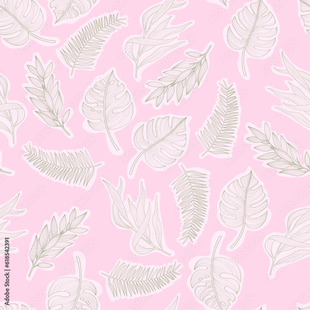 Seamless pattern with exotic leaves, tropical plants, floral background, Hand-drawn illustration