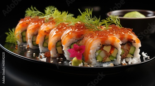 Japanese Sushi roll with salmon and cucumber on dark background, Asian dish pieces with salmon.