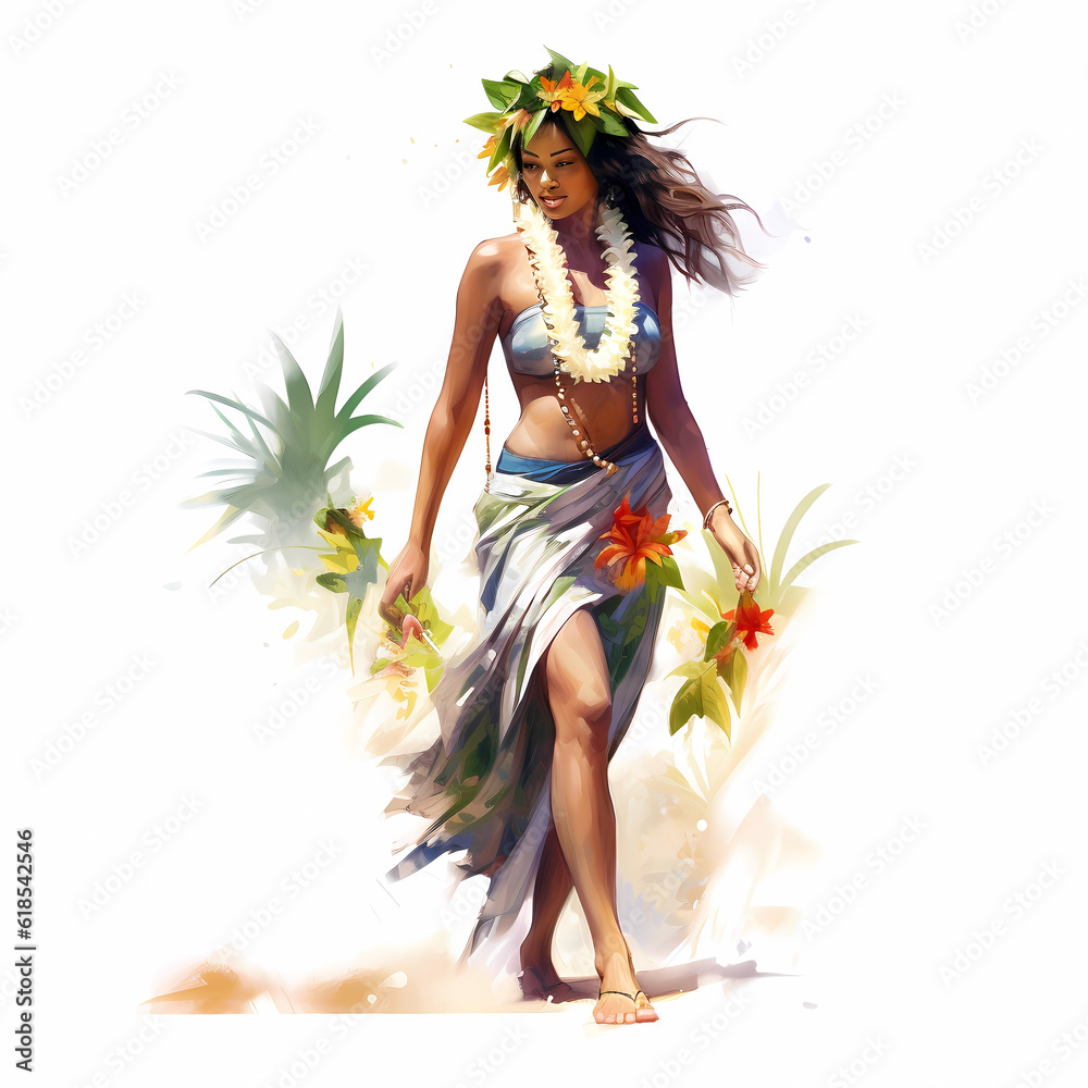 Illustration of traditional hawaiian lifestyle on an island, Hawaii, USA Illustration of traditional hawaiian lifestyle on an island, Hawaii, USA