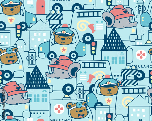 Seamless pattern vector of rescue vehicles cartoon with funny animals in city road