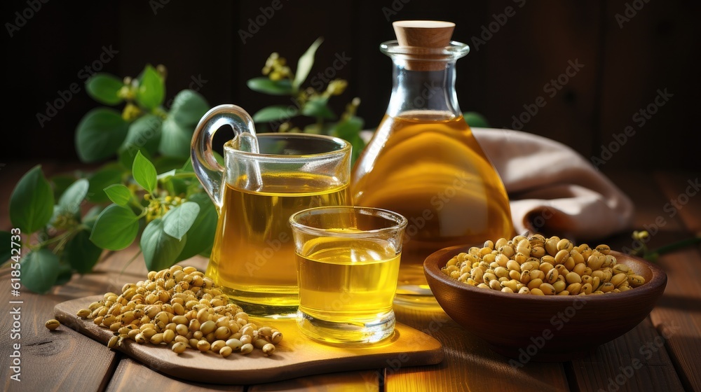 Soybean oil, Soybean oil in glass bottle with dry soy seeds on a wooden background. Soybean oil, Soybean oil in glass bottle with dry soy seeds on a wooden background.