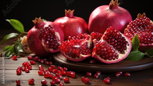 Ripe pomegranate fruits on the wooden background, Healthy pomegranate fruit with leaves and half of ripe pomegranate on a cutting board.