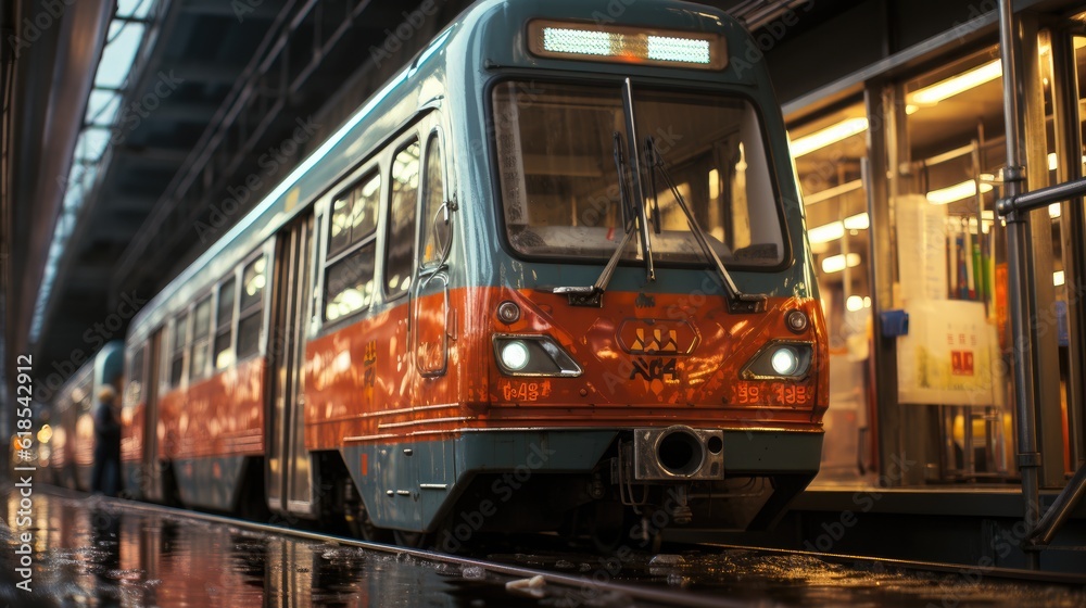 Naklejka premium Tokyo Commuter Train, Japan railway local train during sunset.