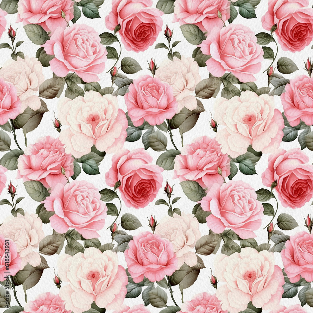 Flowers pattern for background or wallpaper. Botanic tiles roses. Seamless pattern with generative pink rose flowers and green leaves. Floral background digital paper.