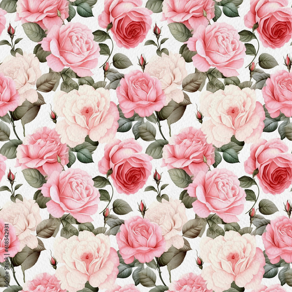 Flowers pattern for background or wallpaper. Botanic tiles roses. Seamless pattern with generative pink rose flowers and green leaves. Floral background digital paper. Flowers pattern for background or wallpaper. Botanic tiles roses. Seamless pattern with generative pink rose flowers and green leaves. Floral background digital paper.