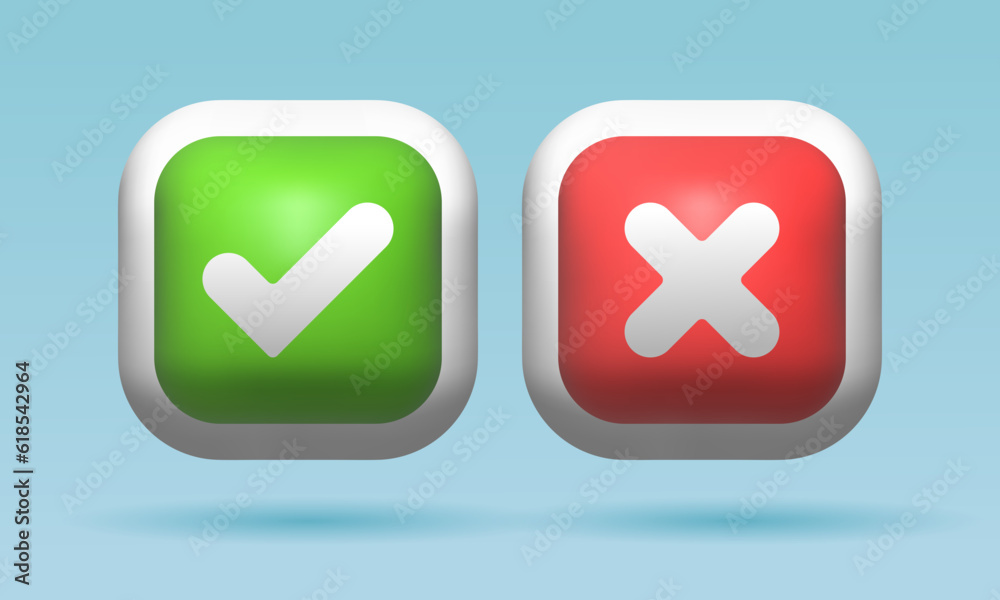 Cross and check mark concept. 3D button right and wrong. Cross and check mark symbol set. Yes or no check mark cross symbol design. Yes or no button design. Cross and check mark concept. 3D button right and wrong. Cross and check mark symbol set. Yes or no check mark cross symbol design. Yes or no button design.