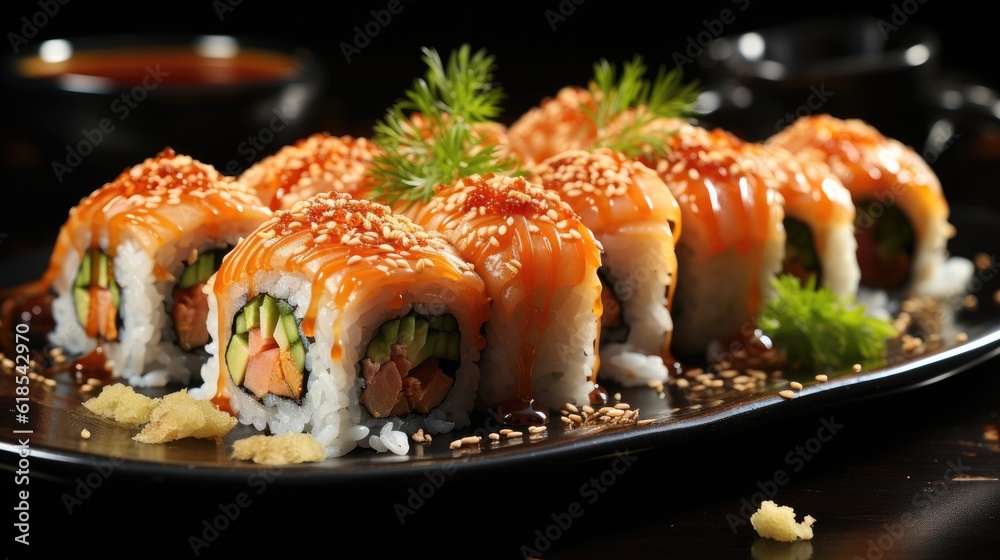 Traditional Japanese sushi rolls with ginger and soy sauce, Sushi with salmon, tuna, shrimp. Traditional Japanese sushi rolls with ginger and soy sauce, Sushi with salmon, tuna, shrimp.