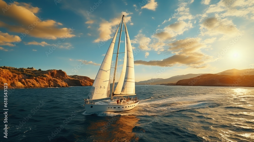 Obraz premium Yacht with white sails at sea. Yachting, luxury vacation at sea.